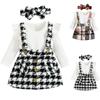 Осенне-зимний топ в полоску с летящими рукавами и бантом, клетчатая юбка на спине, комплект из двух предметов для девочек