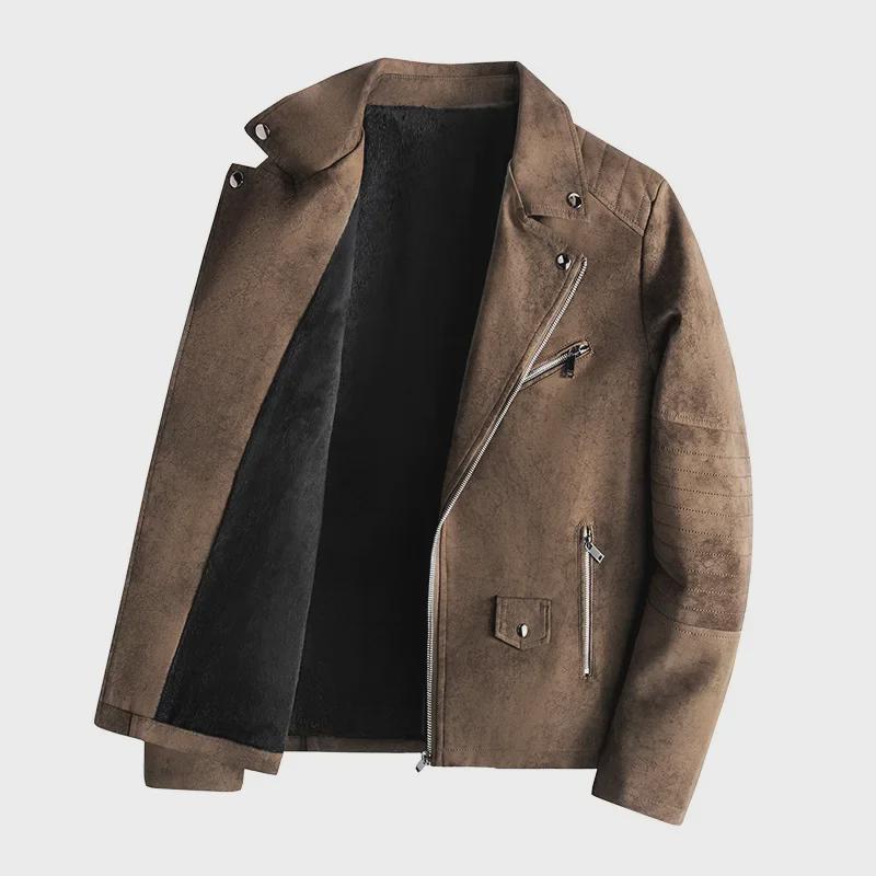 2024 Мужская повседневная мотоциклетная куртка из искусственной кожи с воротником в корейском стиле - легкая, на бархатной подкладке для осени и зимы