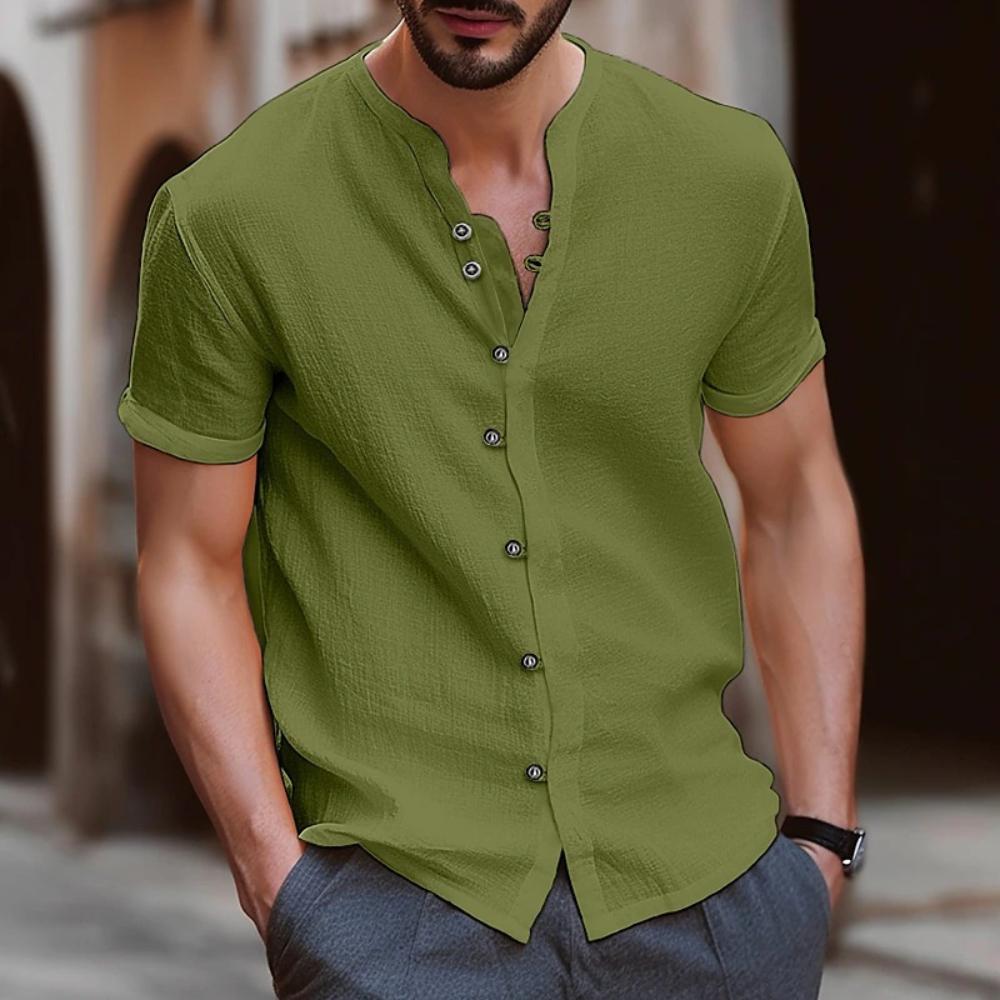 Men's Beach Style Short Sleeve Shirts Casual Loose Solid Color Retro Button Cardigan Fashion Outdoor Streetwear T-shirt