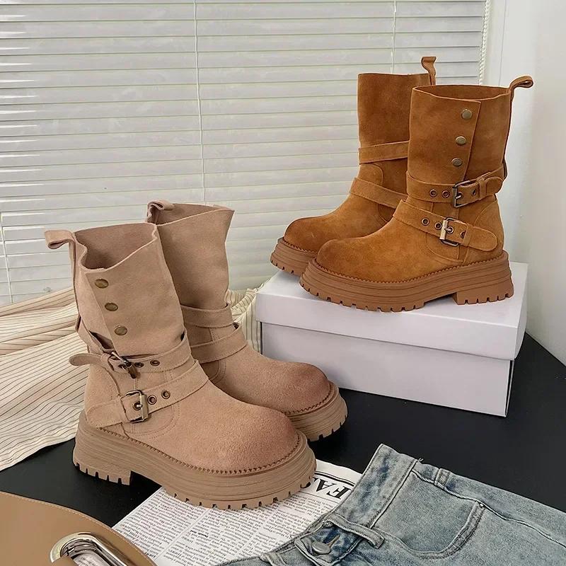 Fashion Matte Leather Thick Soled Women Boots New Autumn Collar Retro British Style Anti-skid Belt Buckle Short Boots Female Boots