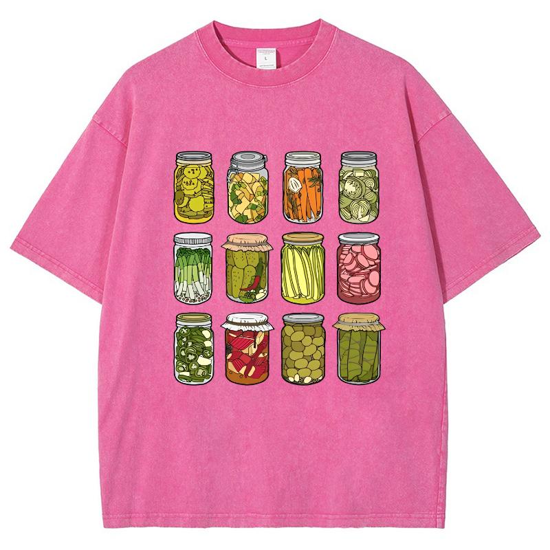 Футболка женская с рисунком консервированных огурцов, винтажный дизайн из стираного хлопка с круглым вырезом и короткими рукавами, базовые футболки