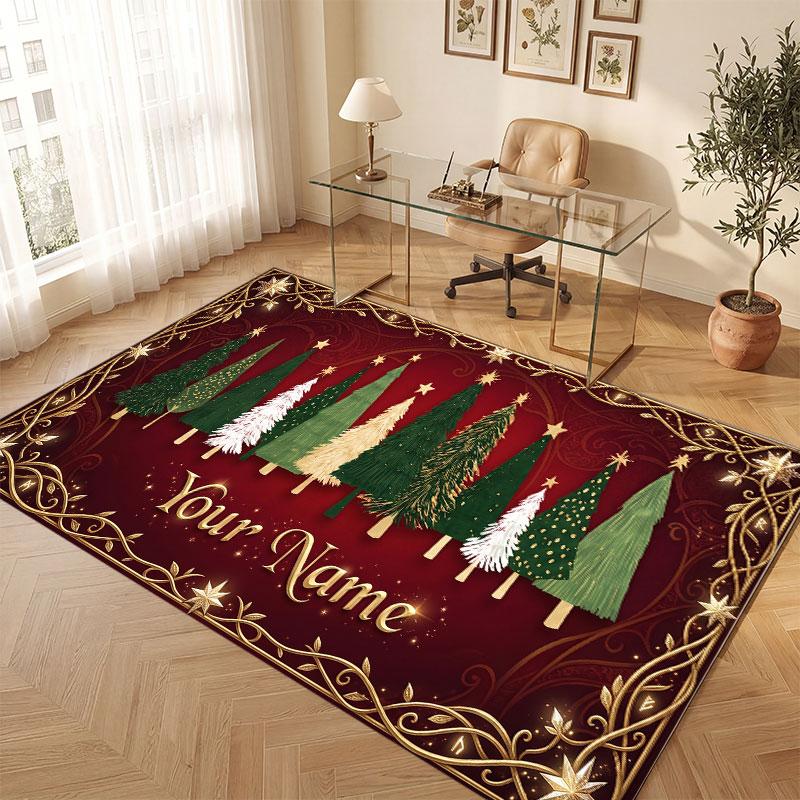 Christmas Winter Theme Crystal Velvet Floor Rug Personalized Custom Name Text Warm Carpet Home Decoration