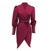 Women Formal Dress Business Style Turn-down Collar Long Sleeve Pure Color Slim Fit Lace-up Cross