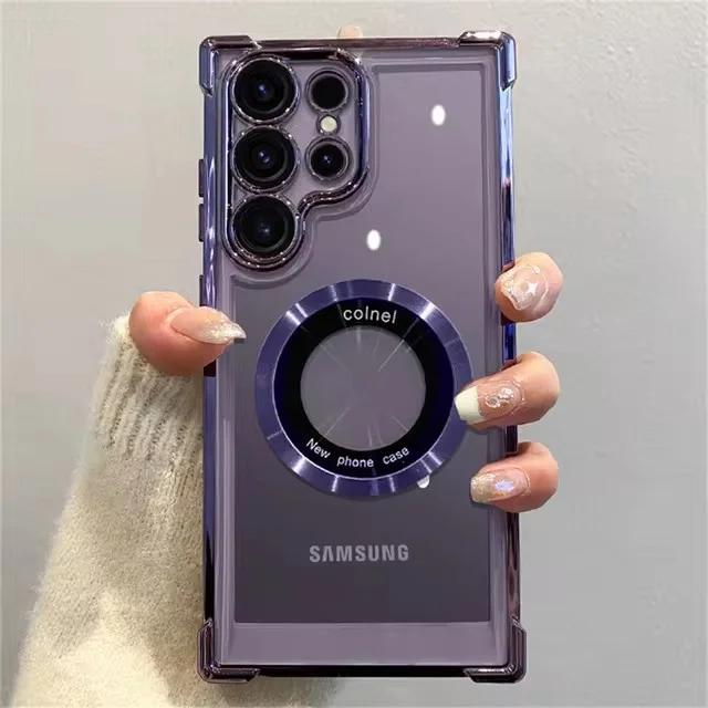 Роскошный магнитный чехол для беспроводной зарядки Samsung S25 S24 Ultra S23 FE S22 Plus, прозрачный противоударный защитный чехол для камеры