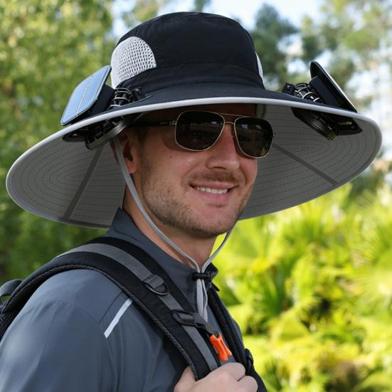 Fisherman Hat, Outdoor Sun Hat with Dual Power Solar USB Rechargeable Fan, Wide Brim Sun Protection Hat for Fishing Camping Hiking Gardening