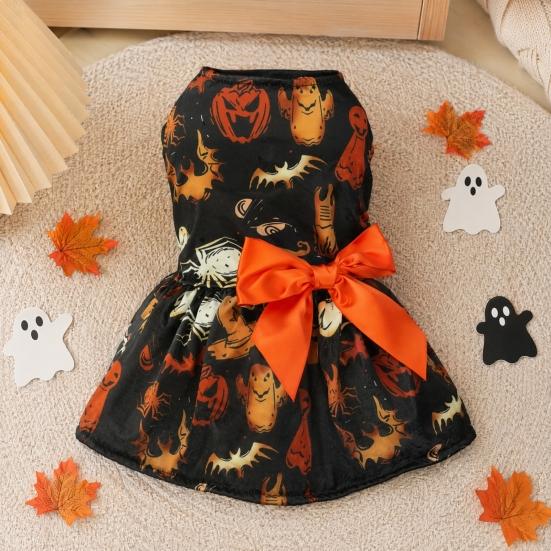 Pumpkin Ghost Spider Bat Costume Funny Halloween Dog Dress, Print Pet Fluffy Hem Skirt Apparel, Puppy with Bow for Small Dogs, Cats