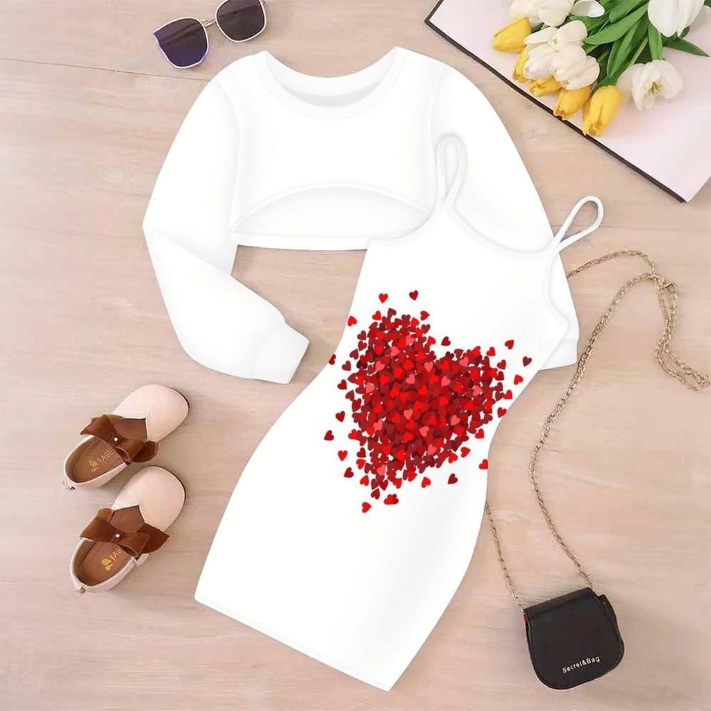 Girls Cartoon 2 Piece Outfits, Long Sleeve Crop Top + Spaghetti Strap Bodycon Dress, Sequin Plaid Heart Print Party Dress Set