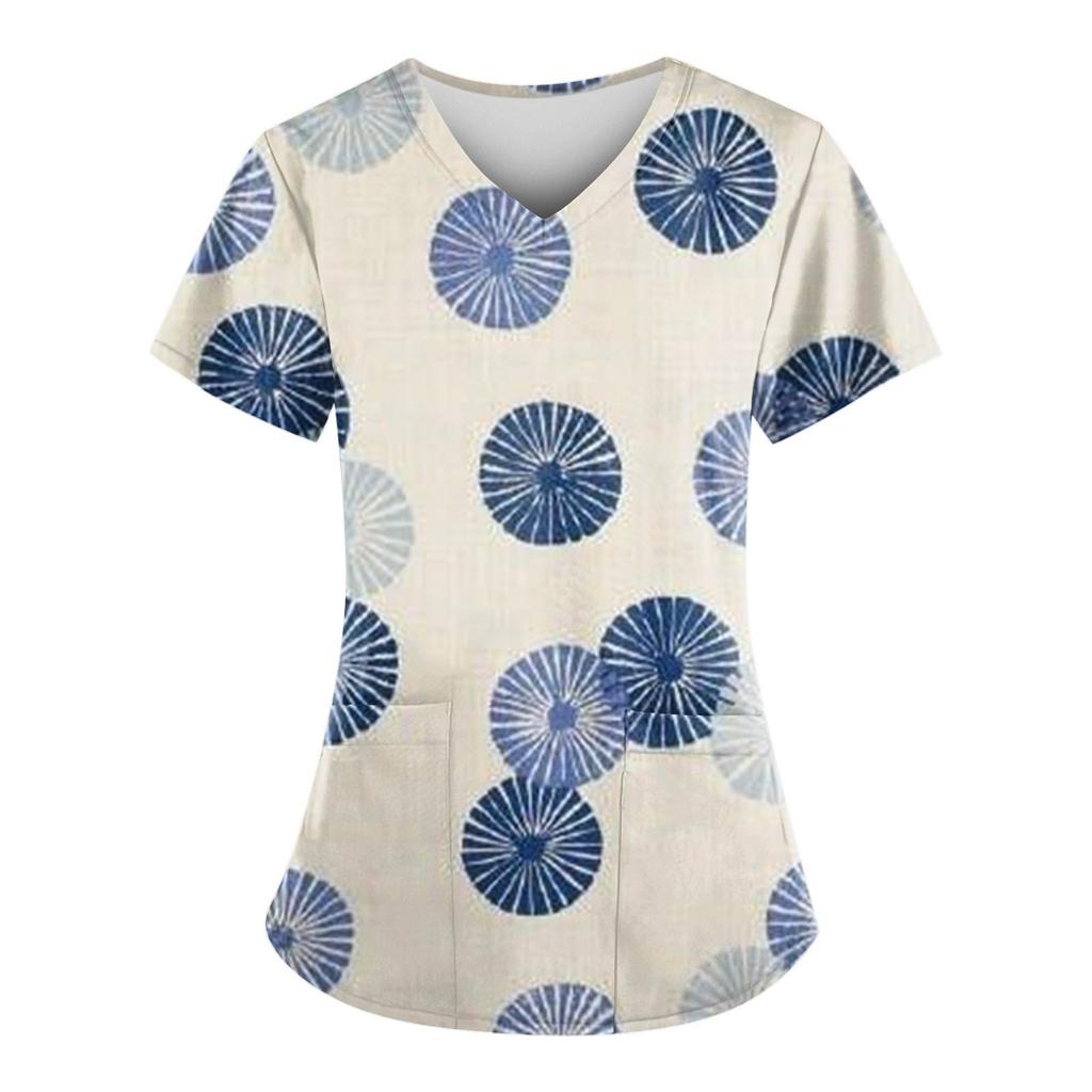 Женская мода с v-образным вырезом, короткими рукавами и карманами, топы с принтом