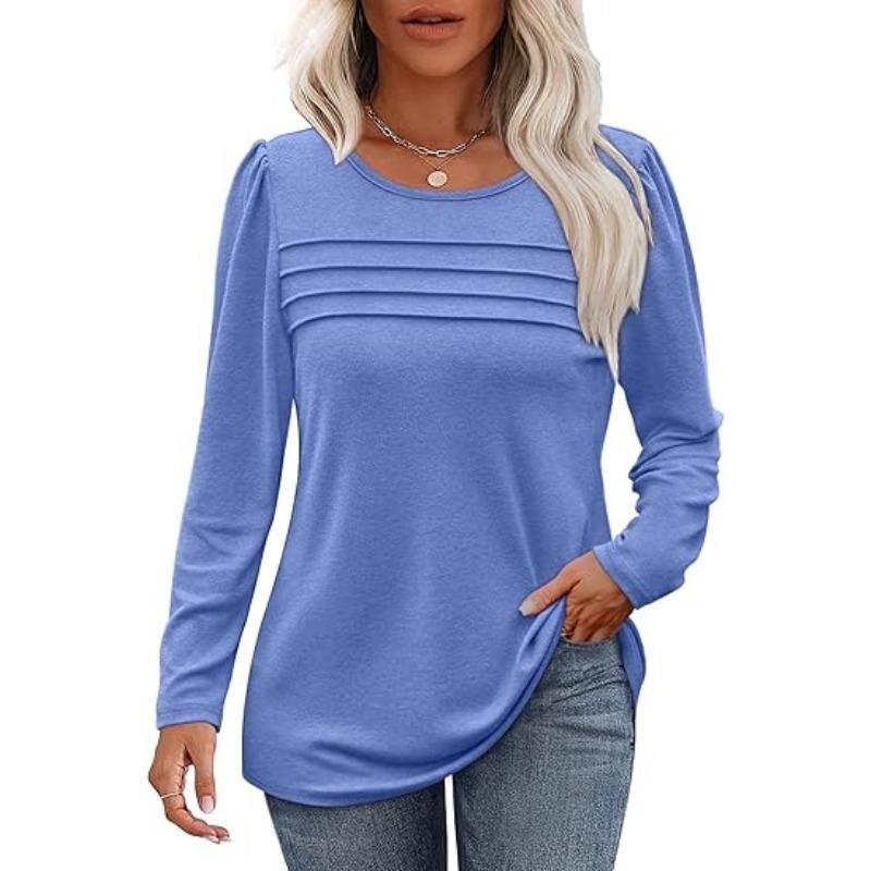 Женский однотонный свободный топ с круглым вырезом и длинными рукавами на весну и осень