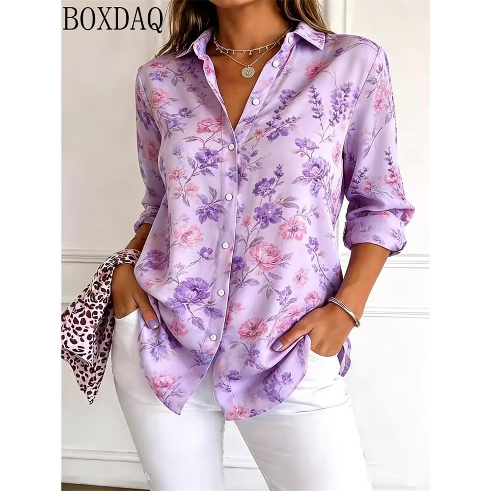 Women Satin Floral Blouse Long Sleeve Button Down Shirt Turn Down Collar Silky Loose Fit Elegant