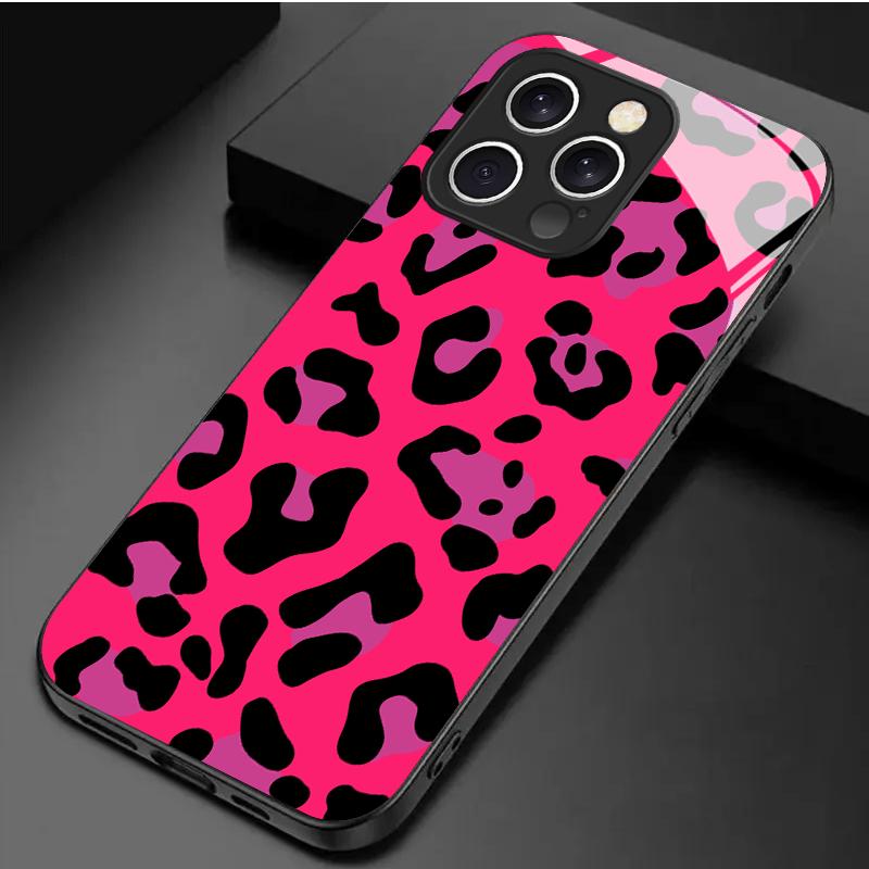 Чехол из закаленного стекла с принтом розового леопарда, подходит для iPhone 17 16 15 14 13 12 11 Pro/ Max /Plus, противоударный и защищающий от падений