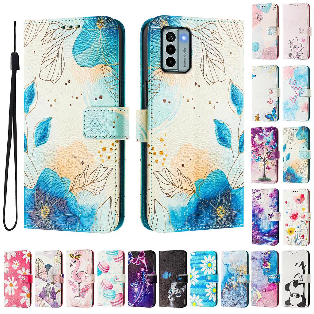 Роскошный кожаный чехол-книжка с синим цветком для Nokia C12,C32,C02,C22,G22,G11 4G,G21,G42,G10,G20,C10,C20,HMD Pulse...