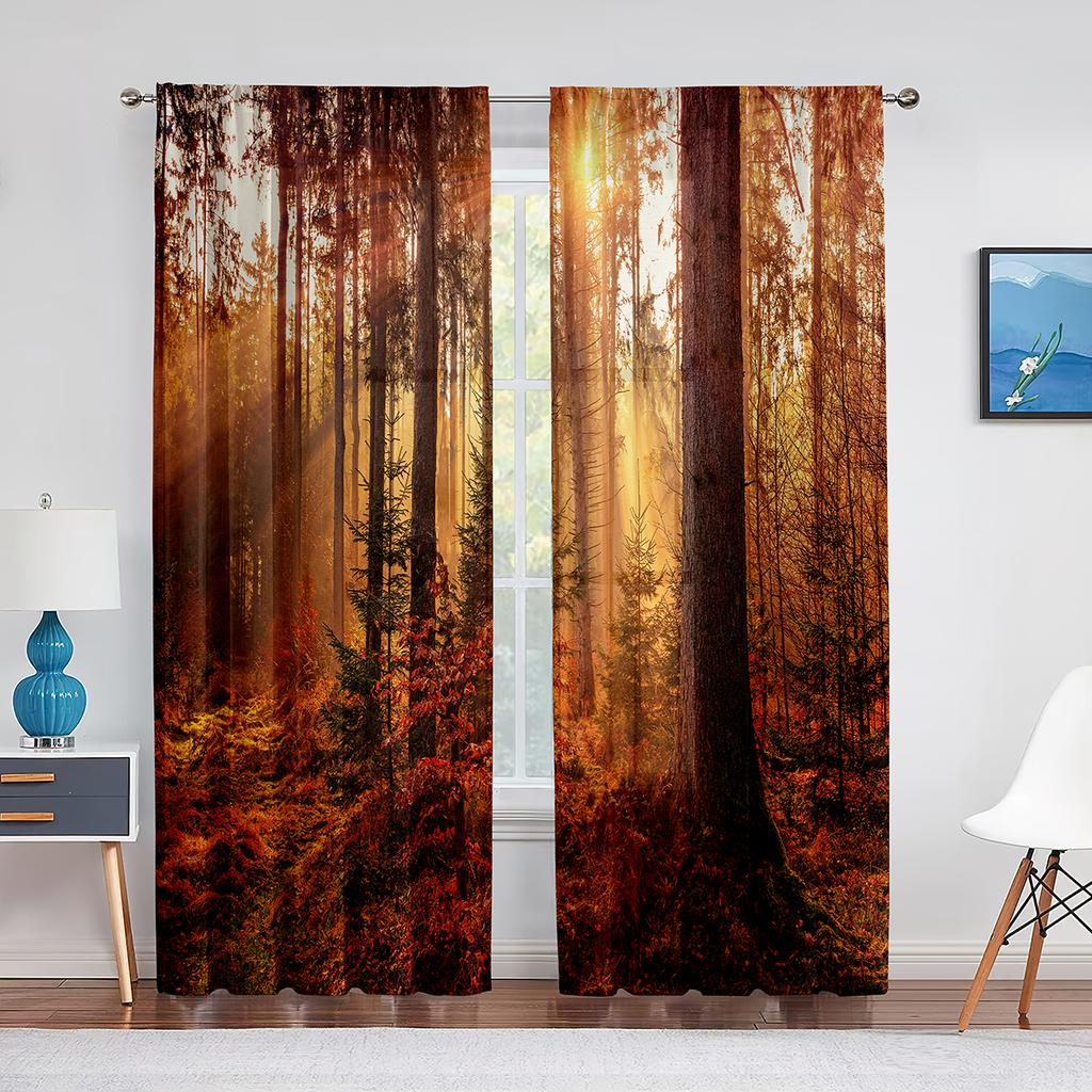 Fall Forest Tulle Curtains for Living Room Bedroom Decoration Autumn Trees Woodland Sunshine Nature Scenery Sheer Voile Curtain