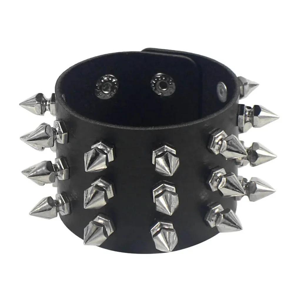 PU Leather Studded Bracelet Punk Spike Rivets Cuff Black Wristband Bracelet For Rock - themed Events