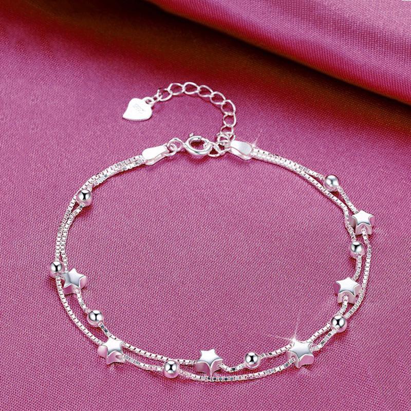 925 Sterling Silver Double Layer Star Bracelets for Women Vintage Korean Designer Zircon Star Chain Bracelet Party Jewelry Gifts