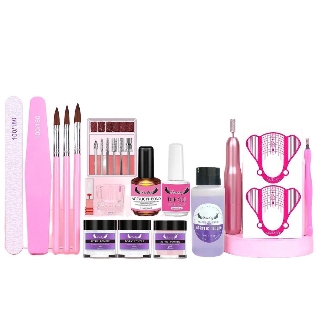 Acrylic Nail Kit for Beginners with Electric Nail Drill, Base Coat & Top Coat, Complete Acrylic Powder Set for Newbies
