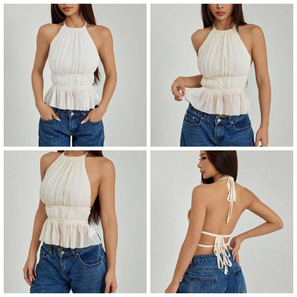 Pleated Chiffon Vest Tops Sleeveless Women's Crop Top Fashion Lace-up Camisole  Club
