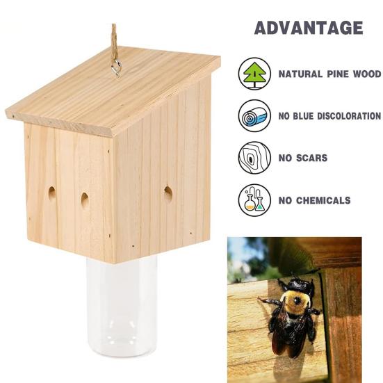 Деревянная ловушка для пчел с прозрачной бутылкой снаружи. Натуральная деревянная ловушка для пчел, устойчивая к погодным условиям, подвесная уличная ловушка для пчел.