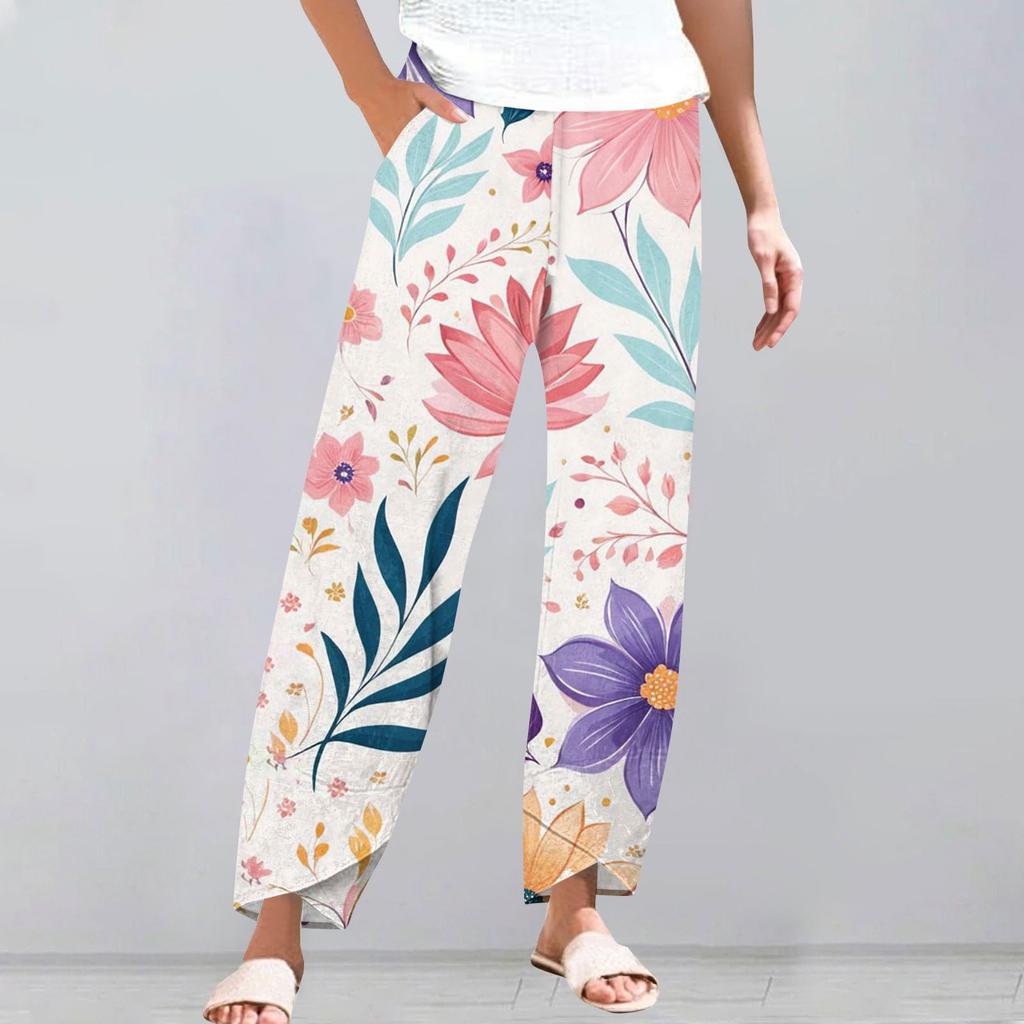 Брюки женские летние повседневные широкие брюки с эластичной резинкой на талии и карманами