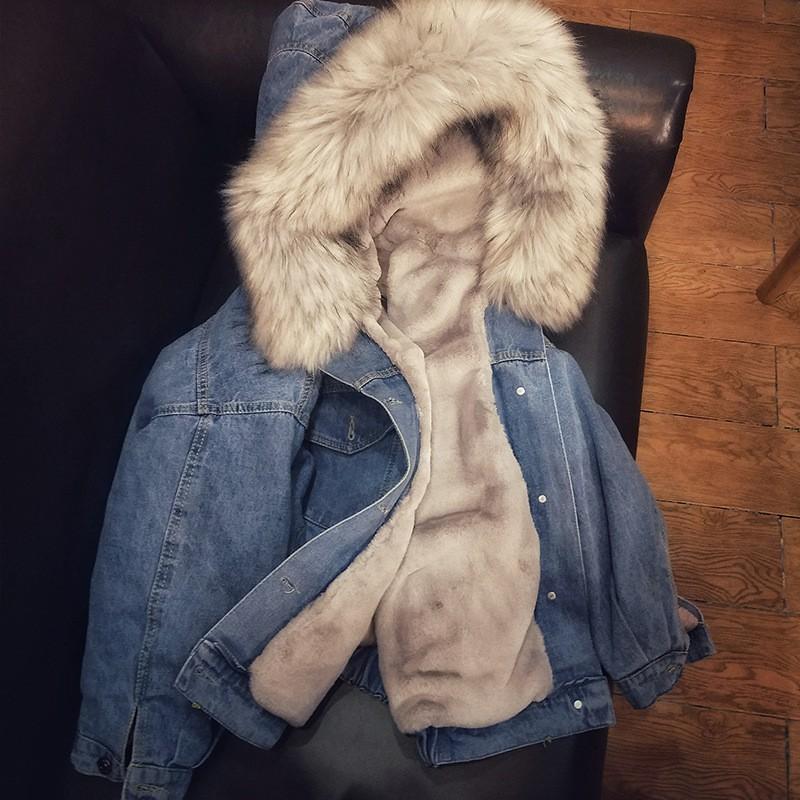 Женский oversized джинсовый пальто-худи со съемным воротником из искусственного меха, толстая теплая куртка на хлопковой подкладке, зимняя