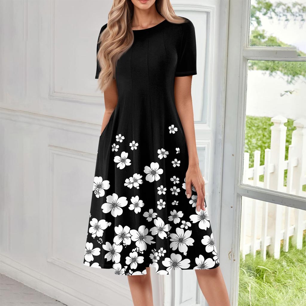 Women's Loose Casual And Fashionable Round Neck Short Sleeved Printed Mid Length Dress