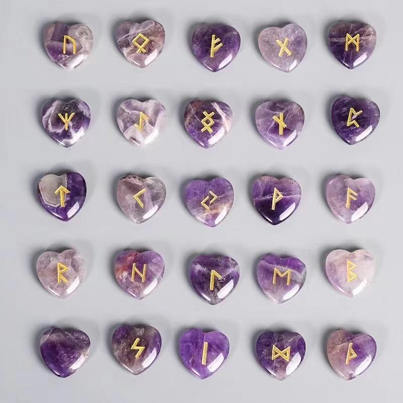 Hot Sell Natural Crystals Healing Stones Heart-shaped Stones Rose Quartz Amethyst Rune Stones Set