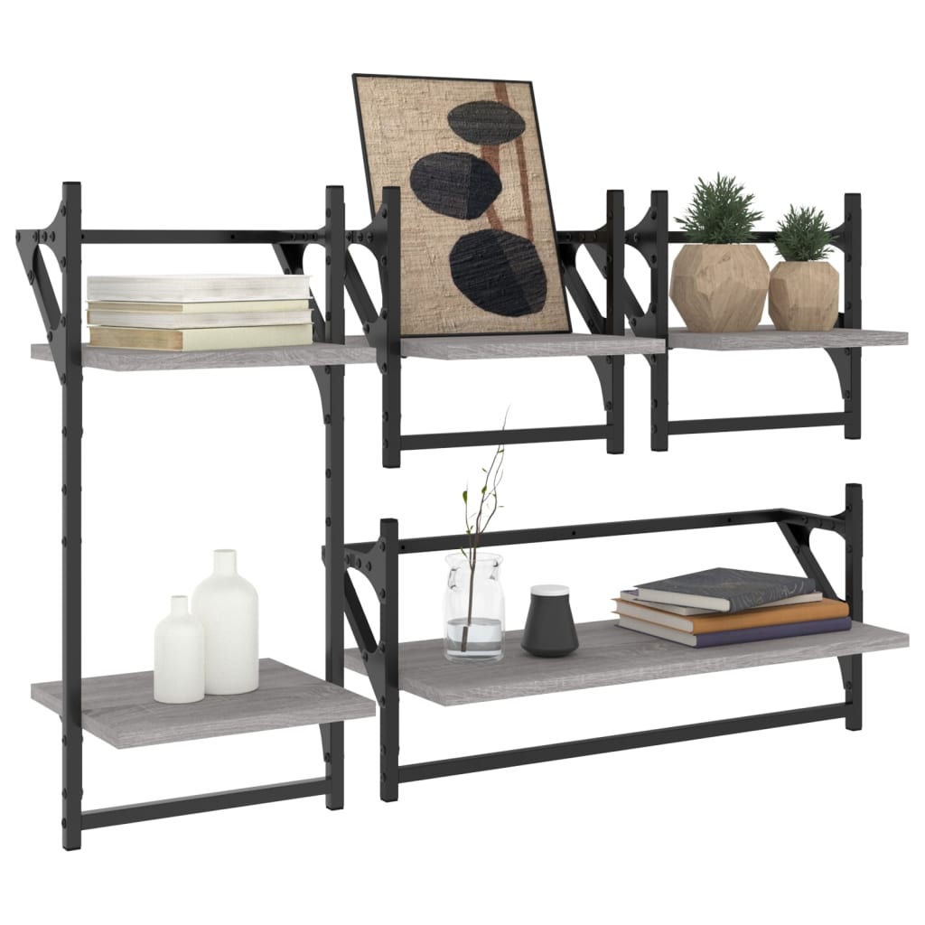 4 Piece Wall Shelf Set with Rods Grey Sonoma Engineered Wood