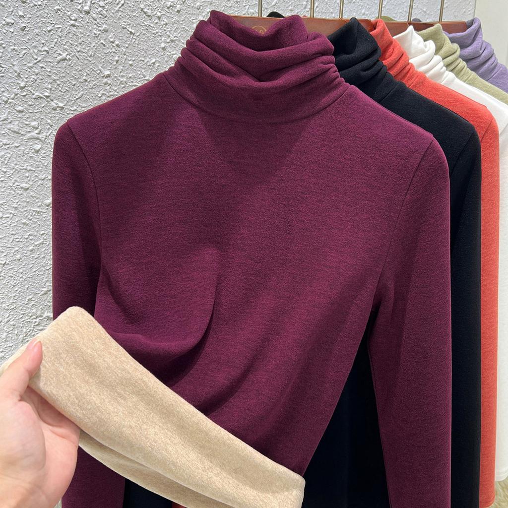 Autumn and Winter Women's Clothing Containing Wool and Silk Bottoming Shirt Women's Inner Heating Fleece Warm Turtleneck Top with Fleece and Thicker
