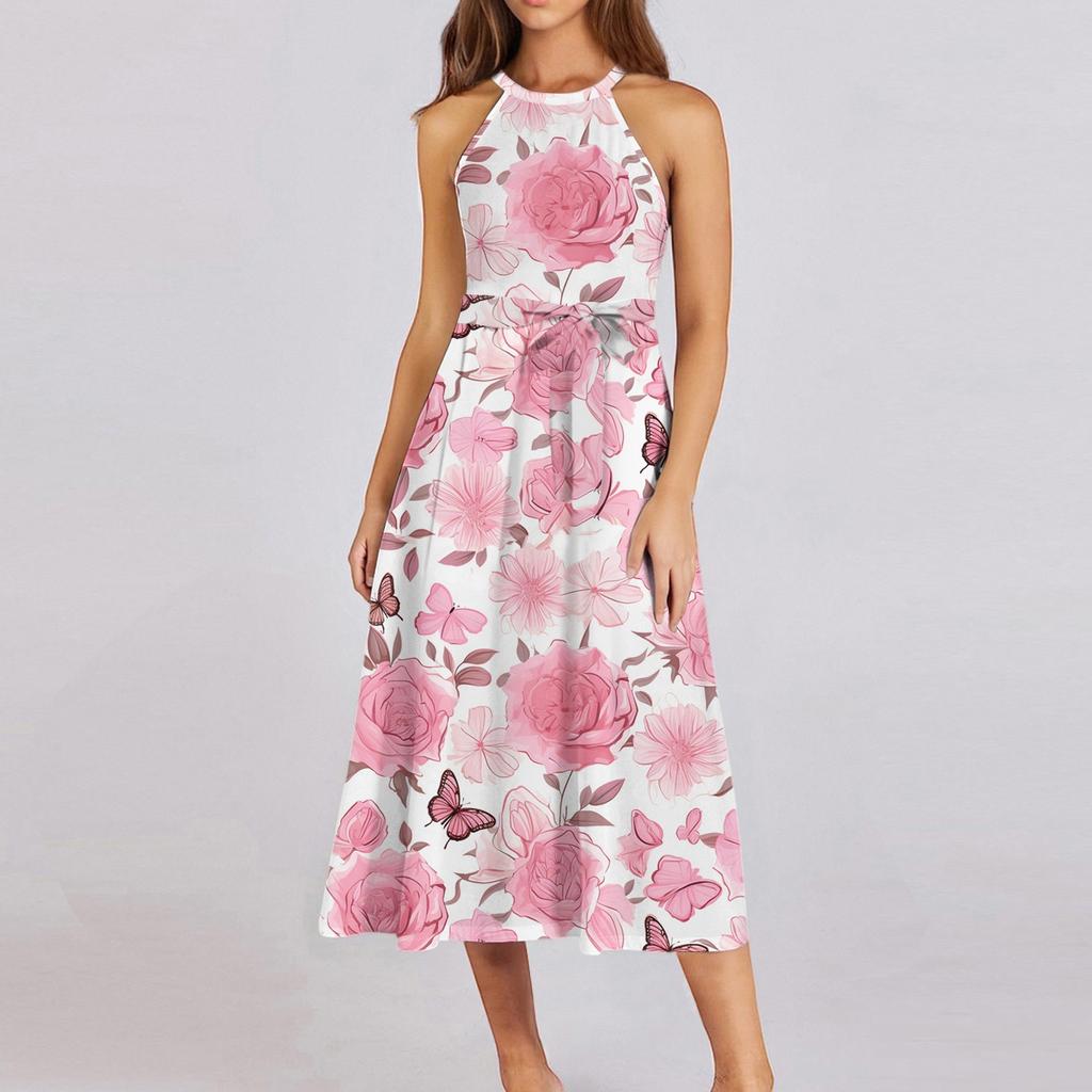 Женское повседневное платье миди с круглым вырезом, классическое, повседневное, без рукавов, свободное платье в стиле бохо с завязками, летний пляжный сарафан