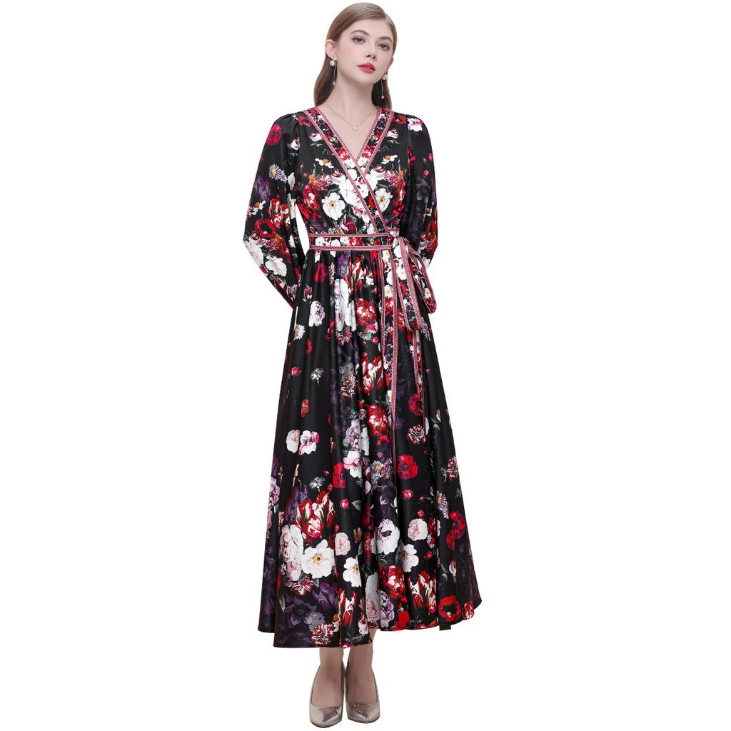 Весенние Винтажные Цветочные Макси-Платья для Женщин Подиумные Скрещенный V-образный Вырез Длинный Рукав-Фонарик Пояса Пляжное Праздничное Платье Бохо Халат