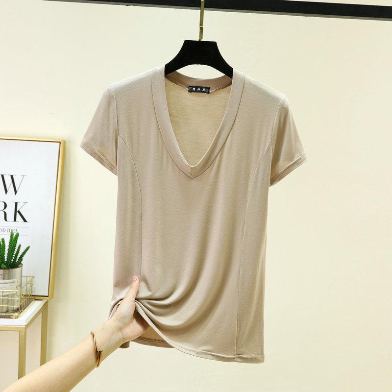 Большие размеры от L до 6XL Модальная футболка с V-образным вырезом Короткие рукава Женские Ультратонкий слой Верхний слой Однотонные базовые топы