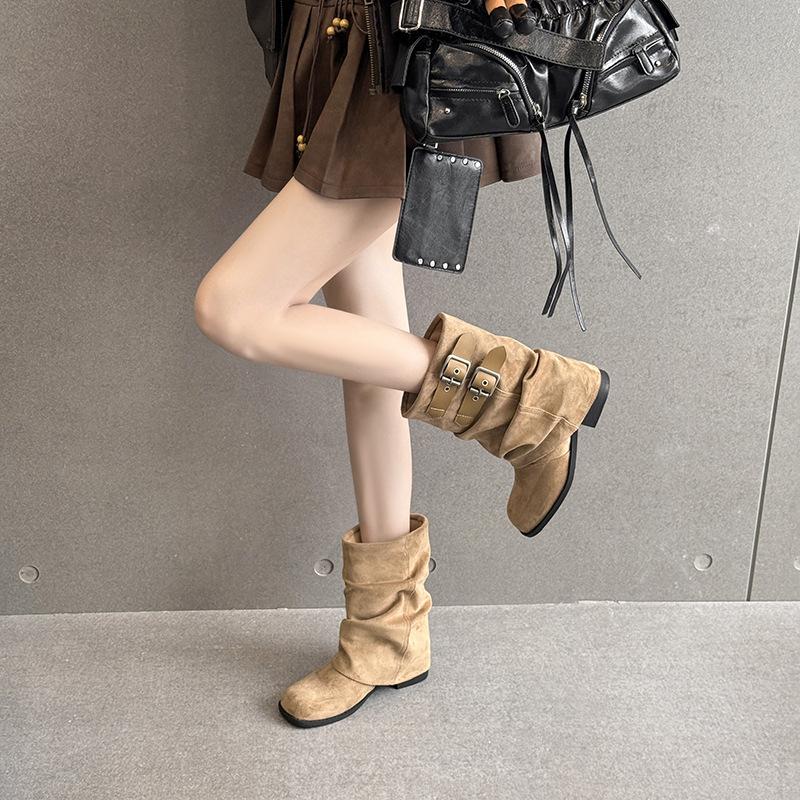 2025 новые плиссированные ботфорты на толстом каблуке с пряжкой-ремнем, с широким голенищем, женские ботинки, летние популярные суперхит ботинки-трубы