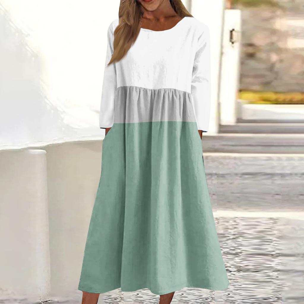 Женское повседневное миди-платье с круглым вырезом и полосатым принтом, с длинным рукавом и карманом