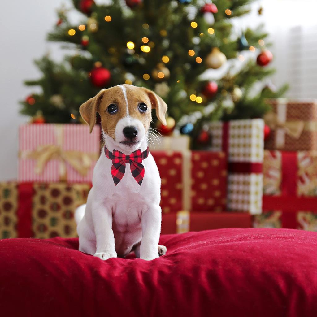 Christmas Dog Collar with Bow Adjustable Cotton Red Plaid Bowtie Dog Christmas Collars for Large Dogs Pets