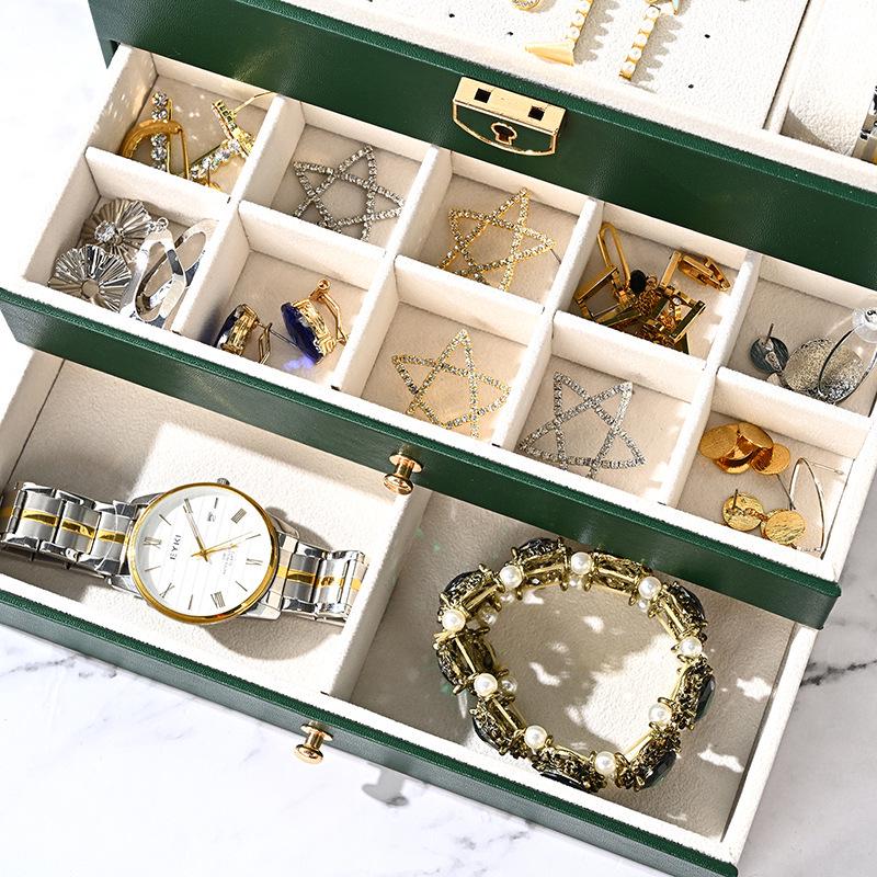 Luxury Three-Layer Leather Jewelry Box with Lock & Drawer for Earrings