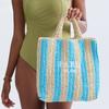 Striped Handmade Woven Straw Bag Women's Embroidered Letters Beach Holiday Shoulder Bag Clashing Colours Paper Woven Handbag
