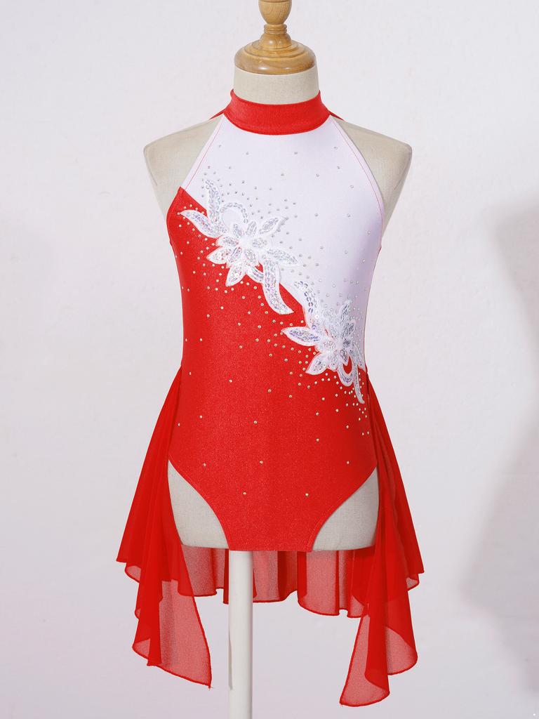 Kids Girls Sleeveless Backless Shiny Rhinestone Sequins Chiffon Dance Dress Gymnastic Skirted Leotard Dance Costume