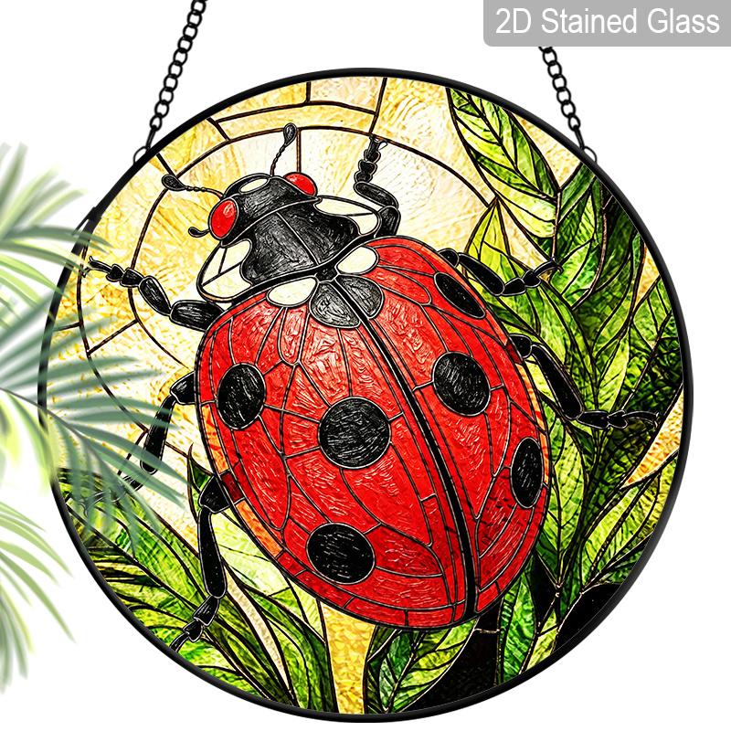 2D Flat Stained Glass Red Seven-Spotted Ladybug Window Decoration, 7.87inches Colored Glass Plate with Chain, Charming Spring Summer Sun Catcher Home