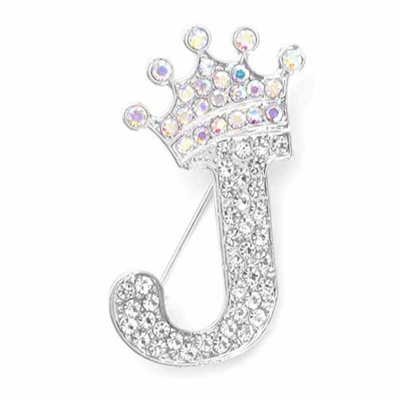 Fashion Crown 26 Initial Letters A To Z Crystal Rhinestone Brooch Pins Women
