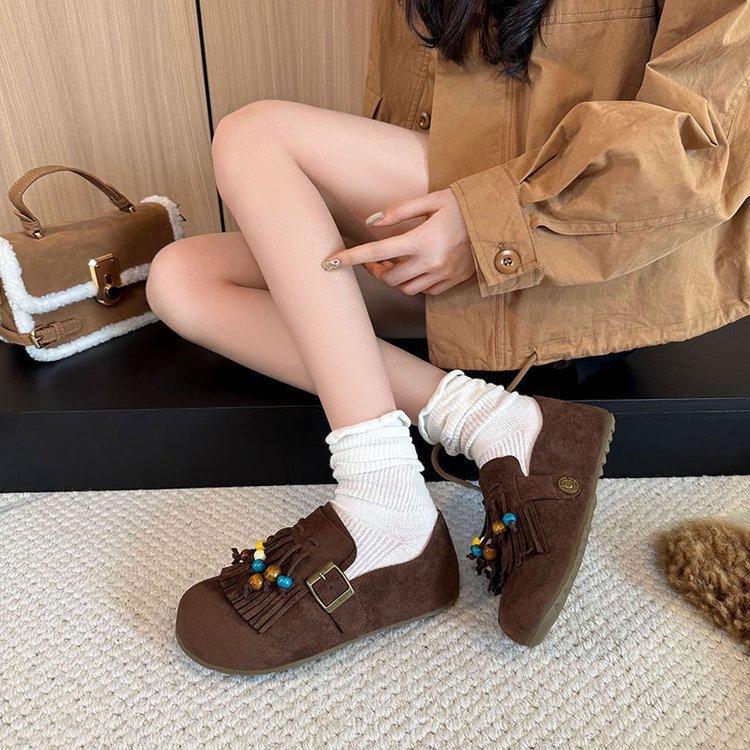 Толстоподошвенные Birkenstocks с бахромой осенние нишевые Doudou туфли с бусинами новые полностью закрытые Birkenstocks