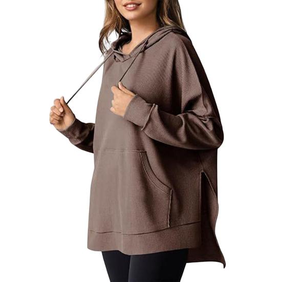 Осень-весна Женская толстовка с капюшоном, большим карманом, завязками на шнурке, свободным разрезом, однотонная вафельная текстура, свободный трикотажный спортивный топ