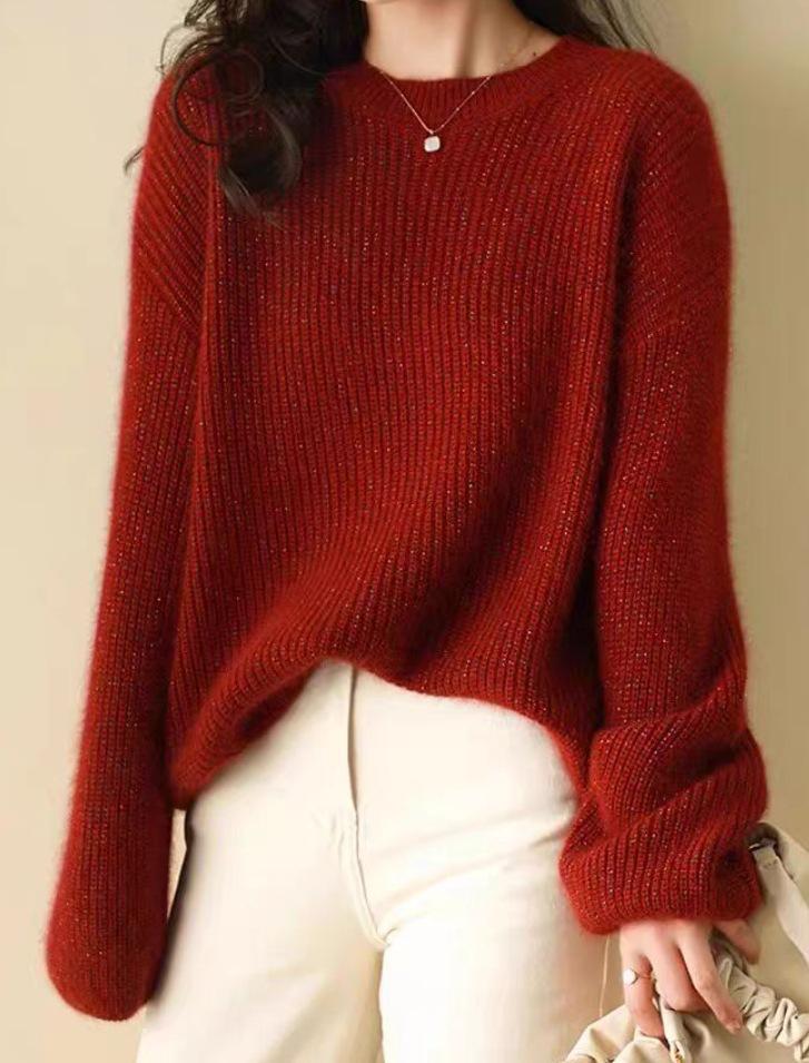Autumn and winter new lazy wind sweater for women's autumn and winter new large size loose soft waxy crew neck knitted sweater top for women
