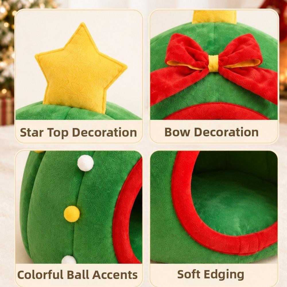 Warm Plush Xmas Tree Shaped Pet House Non-slip Pet Sleeping Cave Cat Sofa Bed Holiday Decor