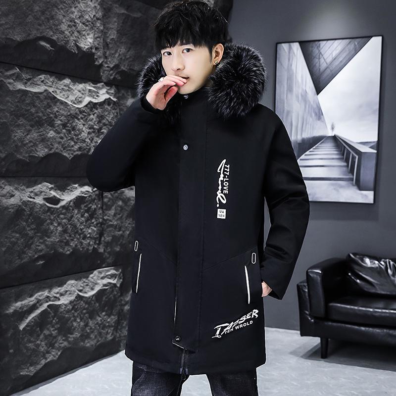 2023 Мужская зимняя ветровка с капюшоном из бархата и меховым воротником — утолщенная повседневная хлопковая куртка средней длины