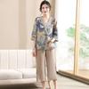 Женский брючный костюм для матери среднего возраста, летняя одежда с винтажным принтом, повседневный комплект из двух предметов