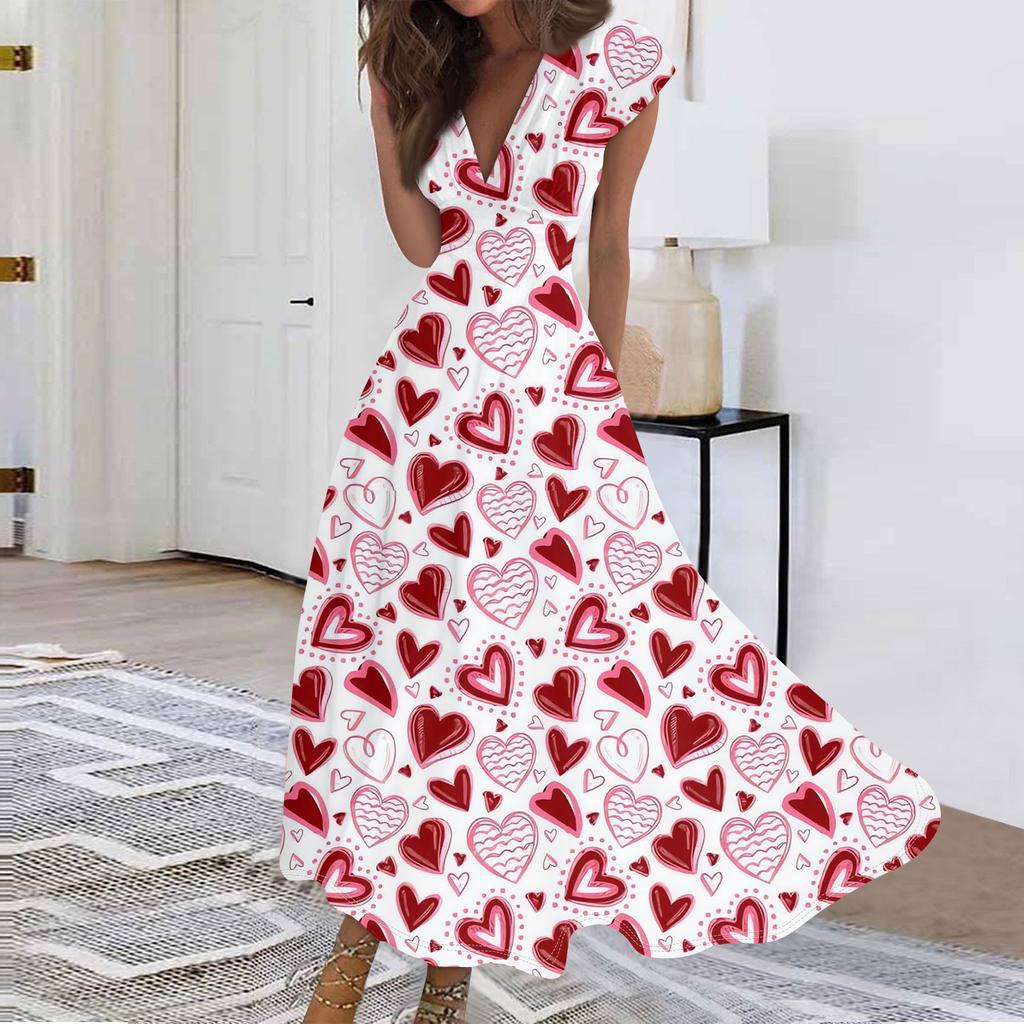 Женские модные повседневные плиссированные платья с V-образным вырезом и завязками на День святого Валентина с принтом