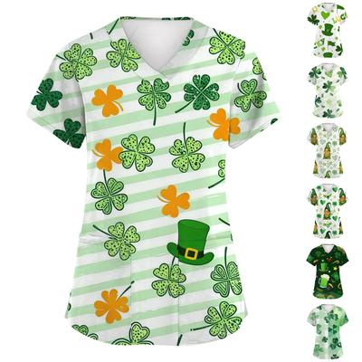 Женская мода Короткий рукав Рукав Ст. Топ с V-образным вырезом и карманом с принтом ко Дню Святого Патрика