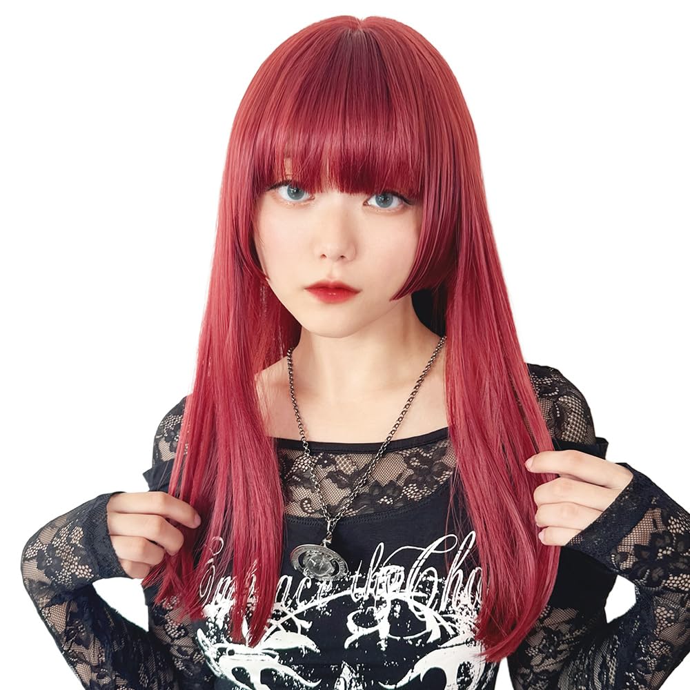 AQUADOLL Long Princess Cut Straight Wig, Available In Blonde, Black, Brown, and High Tone, Full Wig, One Size Fits Most, G2. Ruby Red (wg368G2)