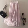 Spring Summer Solid Color Pleated Mesh Skirt Women Classic High Waisted Shirring Slim Temperament Casual Lady Midi Skirt