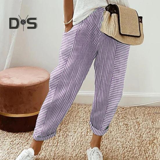 Женские повседневные брюки с эластичной талией и средней посадкой, летние жаккардовые длинные брюки с карманами, полосатые брюки свободного кроя